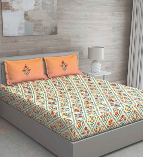 Orange Floral 144 TC Cotton Queen Sized Bed Sheets with 2 Pillow Covers by GM Fabrics