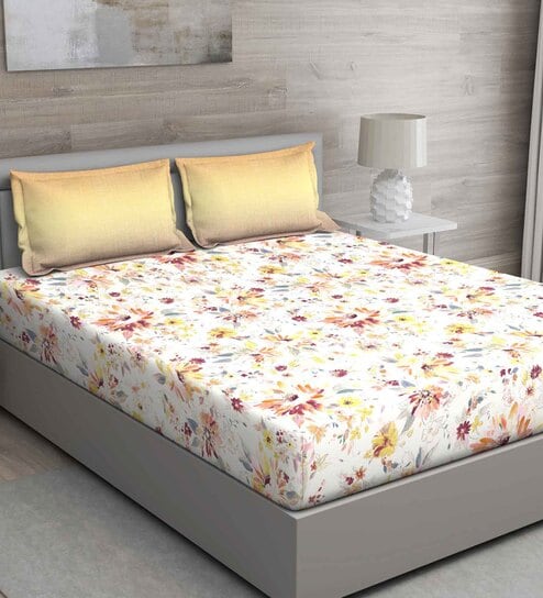 Orange Floral 144 TC Cotton Queen Sized Bed Sheets with 2 Pillow Covers by GM Fabrics