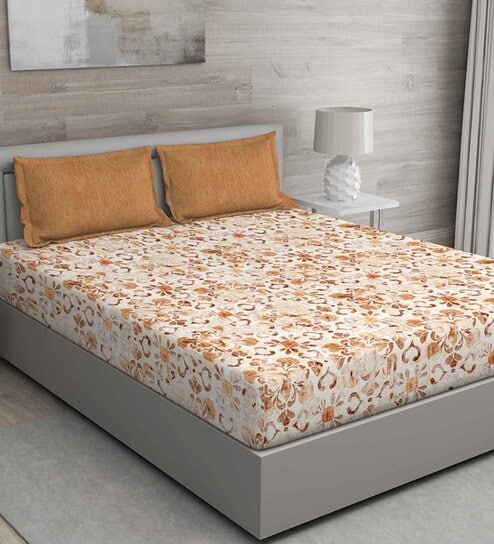 Orange Floral 144 TC Cotton Queen Sized Bed Sheets with 2 Pillow Covers by GM Fabrics