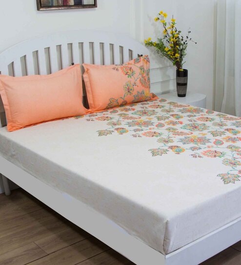 Orange Floral 144 TC Cotton Queen Sized Bed Sheets with 2 Pillow Covers by GM Fabrics