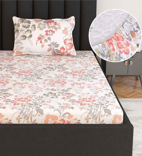 White Floral 144 TC Cotton Single Fitted Bedsheet With 1 Pillow Cover