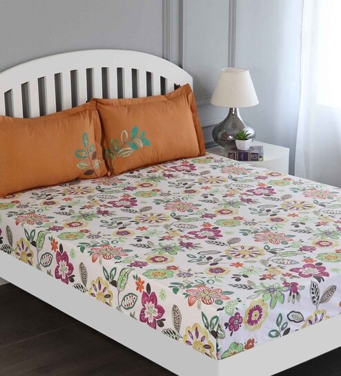 Orange Floral 150 TC Cotton Queen Sized Bed Sheets with 2 Pillow Covers by GM Fabrics