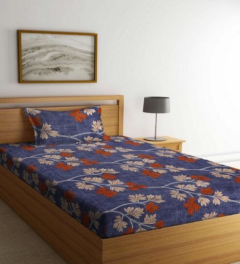 Blue Floral 150 TC Polycotton Single Bed Sheet With 1 Pillow Cover