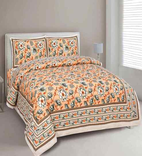 Orange Floral 180 TC Cotton  King Sized Bedsheet with 2 Pillow Covers