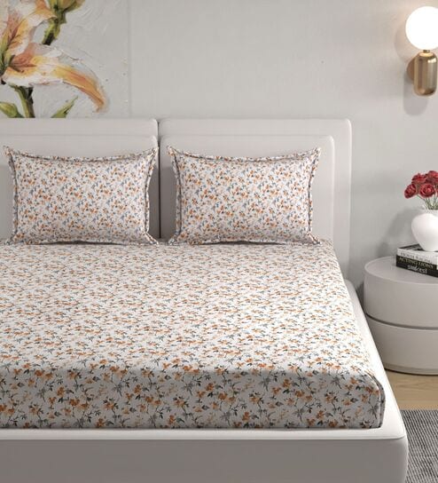 Orange Floral 180 TC Cotton King Bedhseet 2 pillow covers