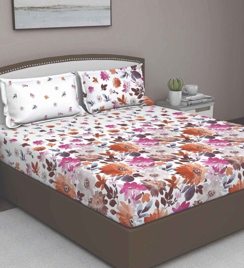 Orange Floral 180 TC Cotton Queen Sized Bed Sheets with 2 Pillow Covers by GM Fabrics