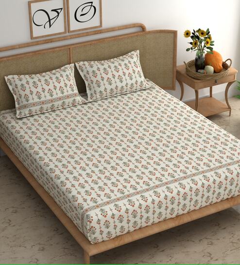 Orange Floral 210 TC Microfiber Double King Size Bedsheet With 2 Pillow Covers