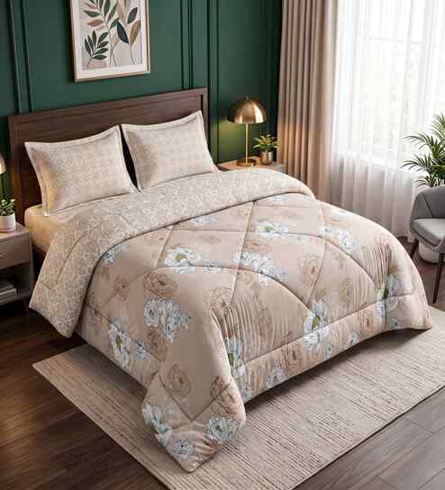 Orange Floral 4 Pcs Comforter Set With Queen Size Bedsheet With 2 Pillow Covers