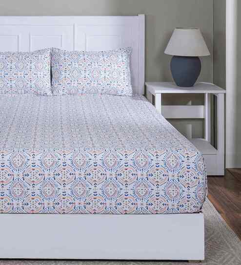 Orange Floral Print 144 TC Cotton Double Bed Fitted Sheet with 2 Pillow Case Sensory Bloom Collection