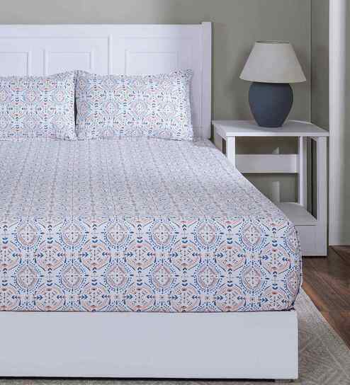Orange Floral Print 144 TC Cotton Single Bed Fitted Sheet with 1 Pillow Cover Sensory Bloom Collection