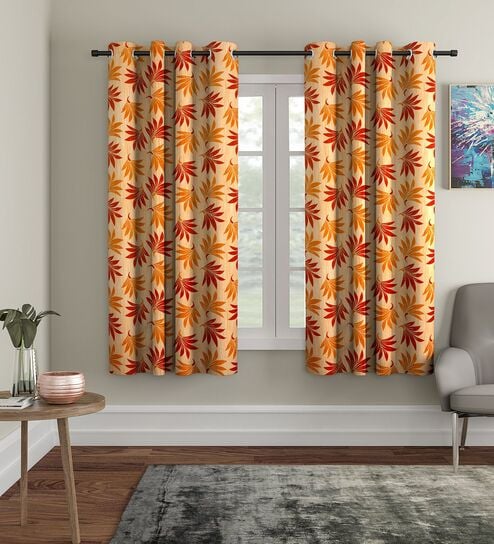 Orange Floral Polyester 5Ft Semisheer Eyelet Window Curtains (Set Of 2)