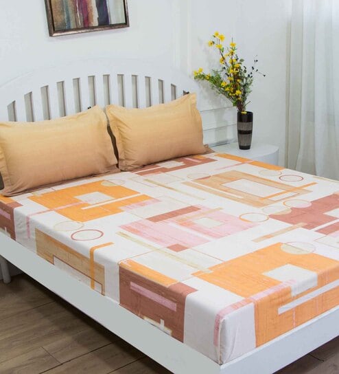 Orange Geometric 144 TC Cotton Queen Sized Bed Sheets with 2 Pillow Covers by GM Fabrics