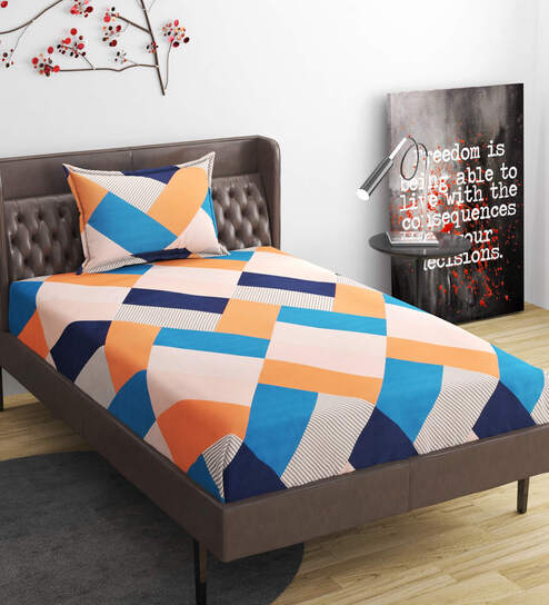 Orange Geometric 280 TC Microfibre Fitted Single Bedsheet 1 Pillow Cover