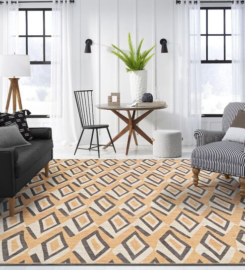Orange Geometric Polyester 8 ft x 10 ft Machine Made Carpet