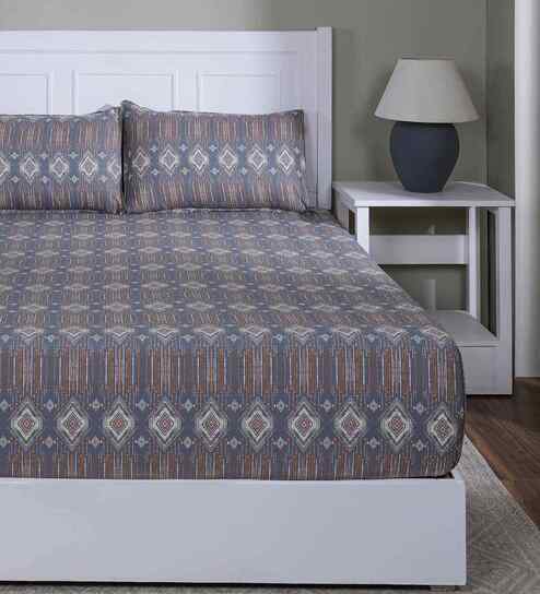 Orange Geometric Print 144 TC Cotton Double Bed Fitted Sheet with 2 Pillow Case Sensory Bloom Collection