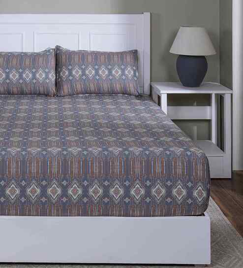 Orange Geometric Print 144 TC Cotton Single Bed Fitted Sheet with 1 Pillow Cover Sensory Bloom Collection