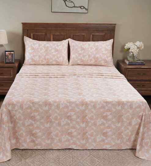 Orange Geometric Print 200 TC Cotton Double Bed Sheet with 2 Pillow Covers Eclectic Geo Collection