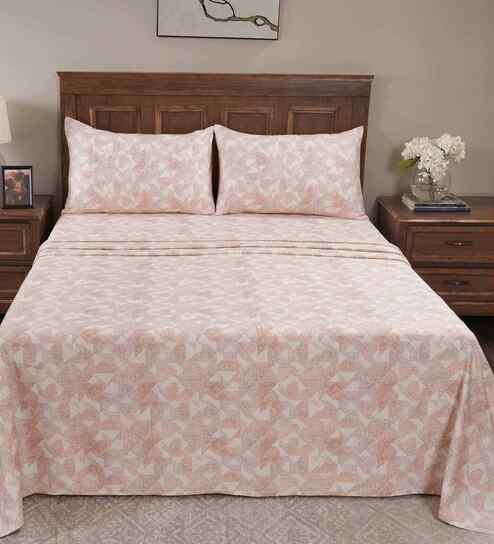 Orange Geometric Print 200 TC Cotton King Size Bed Sheet with 2 Pillow Covers Eclectic Geo Collection