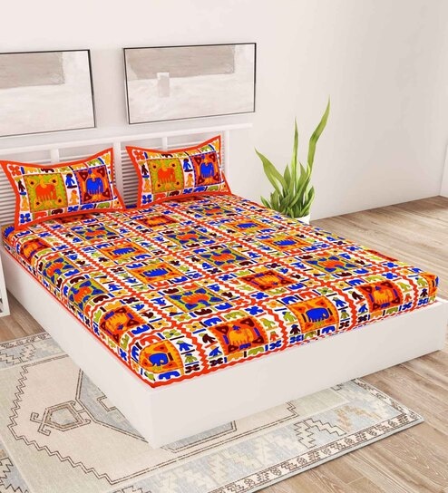 Blue Traditional 120 TC Cotton Queen Sized Bedsheet with 2 Pillow Cover