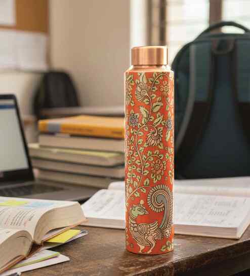 Orange Kalamkari 950ml Copper water Bottle