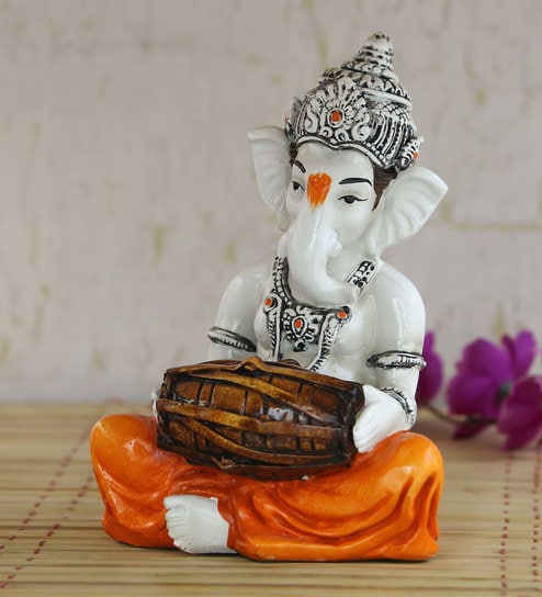 Orange Lord Ganesha Playing Dholak by Ecraftindia