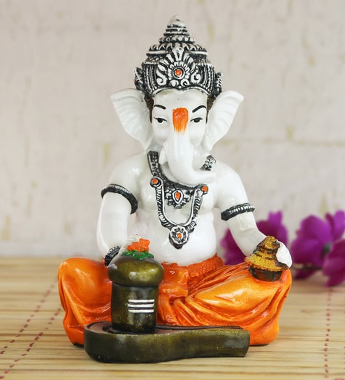Orange Lord Ganesha Worshipping Lord Shiv Pooja Decorative Spiritual Showpiece