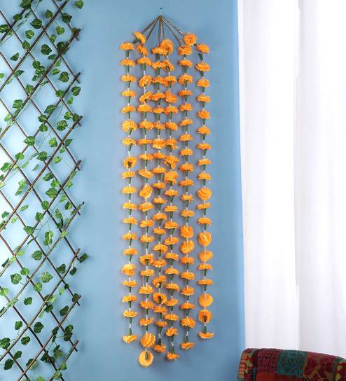 Buy Orange Marigold Fluffy Plastic Decoration Flowers Set Of 4 In