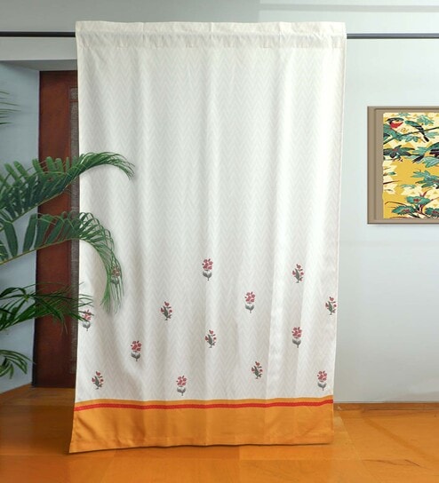 Orange Polycanvas Floral 7ft Blackout Fabric Loops Door Curtain by Zeba