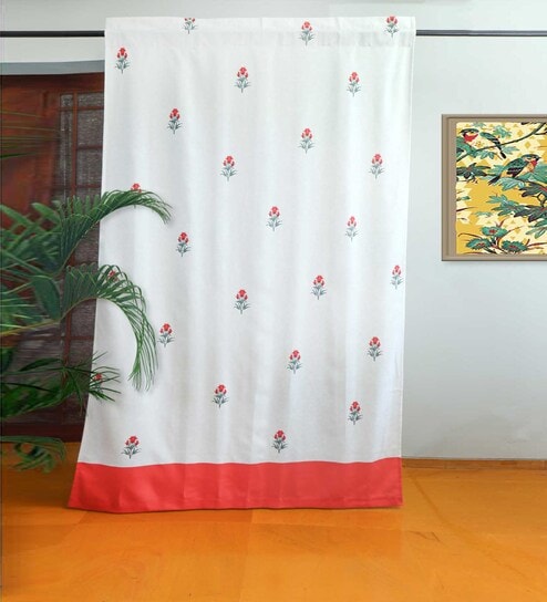 Orange Polycanvas Floral 7ft Blackout Fabric Loops Door Curtain by Zeba