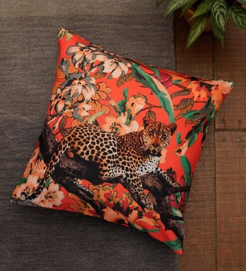Orange Floral Poly Canvas 16 x 16 Inch Cushion Cover by Zeba