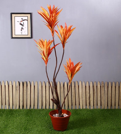 Orange Polyester Artificial Draceana Plant Without Pot