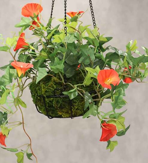 Orange Polyester Artificial Morning Glory Hanging Creeper Plant with Hanging Metal Stand