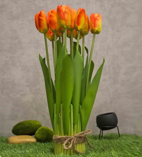 Orange Polyester Fabric Artificial Tulip Flower Bunch