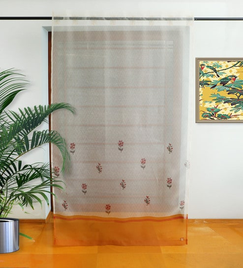 Orange Polyester Floral 7ft Sheer Fabric Loops Door Curtain by Zeba