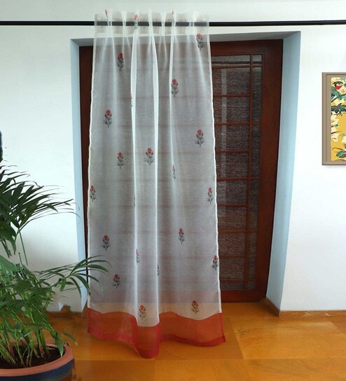 Orange Polyester Floral 7ft Sheer Fabric Loops Door Curtain by Zeba