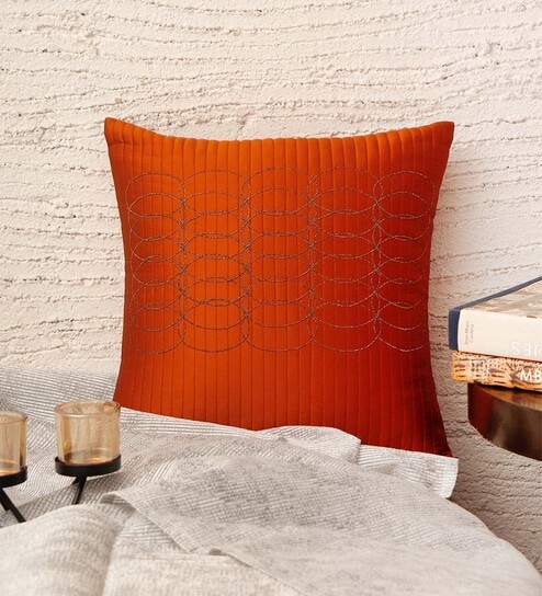 Orange Textured Polyester 16 x 16 Inches Cushion Cover by Zeba