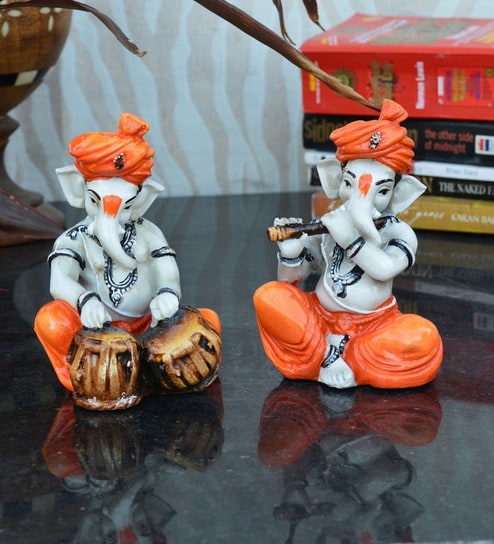 Orange Set of 2 Ganesha Playing Tabla And Flute by Ecraftindia
