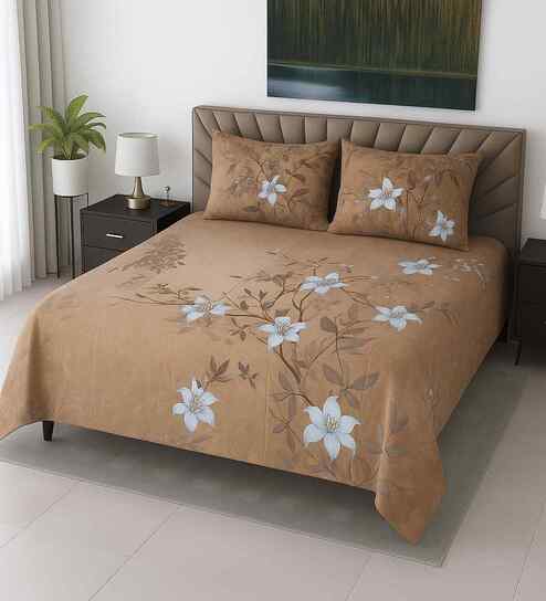 Orange Shade Floral 400 TC Cotton SuperKing Sized Double Bedsheet with 2 Pillow Covers Luxury Series Collection
