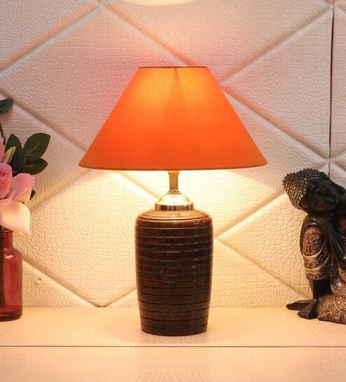 Orange Shade Table Lamp With Brown  Terracotta Base by Foziq