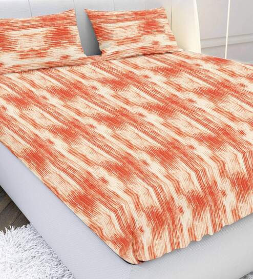 Orange Geometric 120 TC Cotton Queen Bedsheet with 2 Pillow Covers