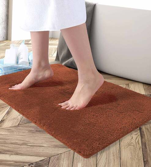 Orange Solid Microfibre 30x18 Inches AntiSkid Bath Mat by Luxe Home International