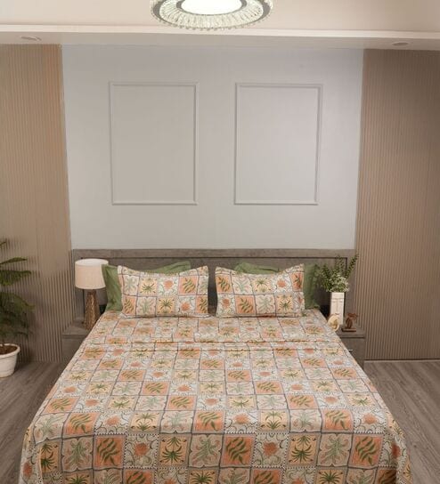 Orange Stylized Floral Motifs 210 TC 100% Cotton Superking Bedsheet with 2 Pillow Covers