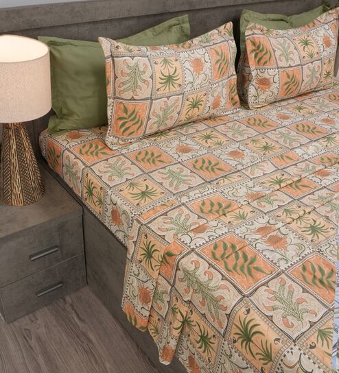 Orange Stylized Floral Motifs 210 TC 100% Cotton Superking Bedsheet with 2 Pillow Covers-image-12