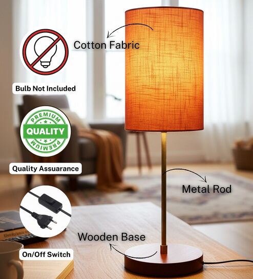 btr crafts Orange Texture Cylinder Fabric Shade Table Lamp, Brown Wooden Base Bedside & Desk Light for Bedroom, Living Room & Home Decor-picture-0