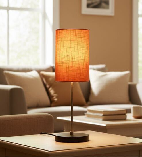 Orange Texture Cylinder Fabric Shade with Modern Silver & Black Table Lamp for Bedroom & Living Room