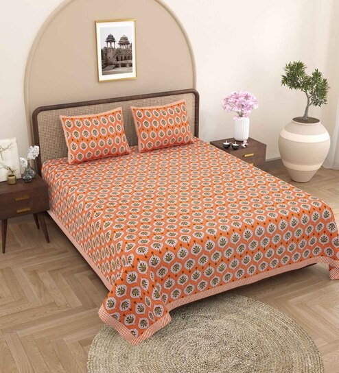 Orange Traditional 240 TC Pure Cotton King Sized Double Bedsheet with 2 Pillow Covers