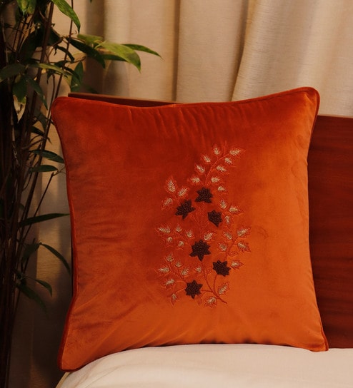 Orange Floral Poly Canvas 16 x 16 Inches Cushion Cover