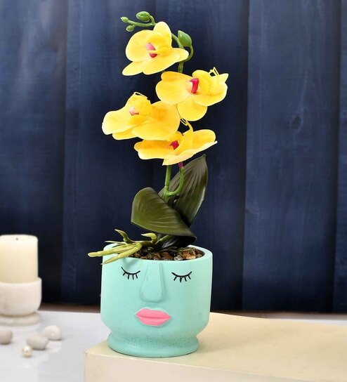 Orchids Blue & Yellow Ceramic & Plastic Artificial Plant With Pot