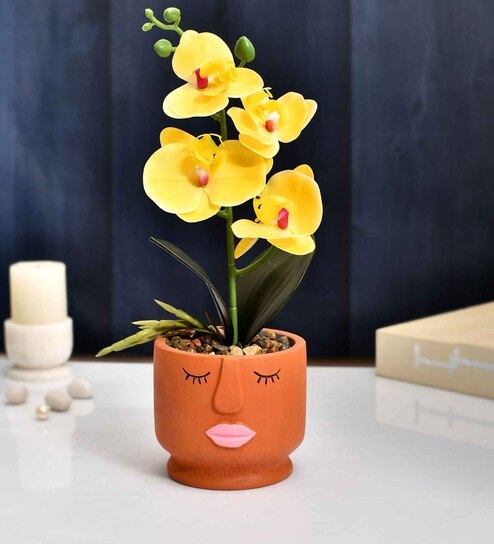 Orchids Rust & Yellow Ceramic & Plastic Artificial Plant With Pot