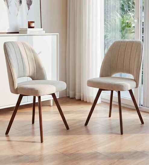 Oren Dining Chair With Walnut Finish In Beige Colour (Set Of 2)